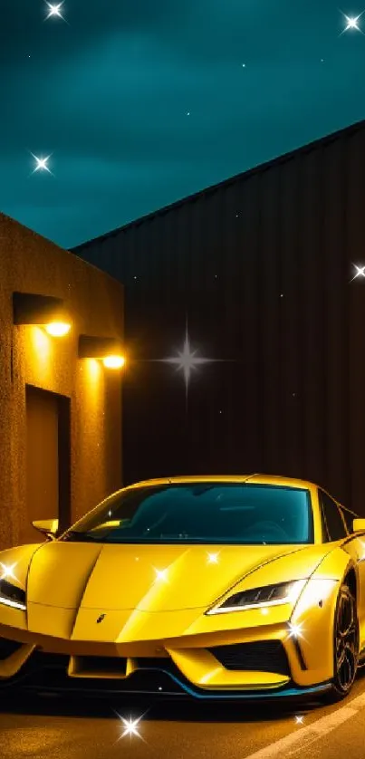 Yellow sports car in a dimly lit urban setting at night.