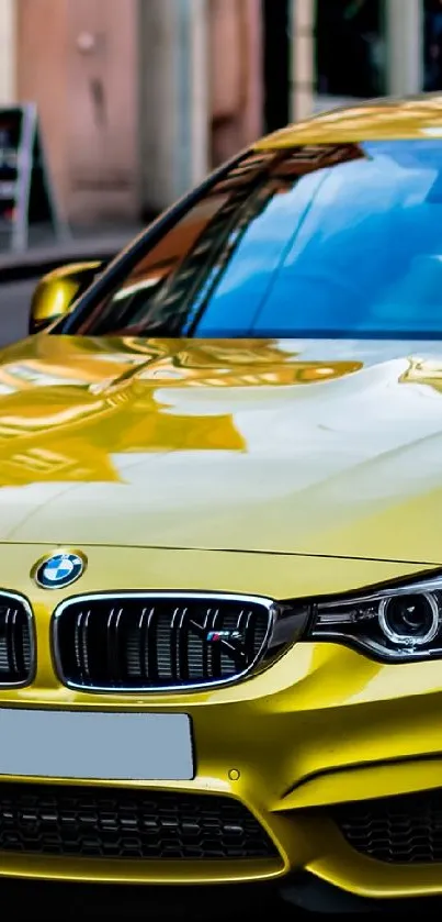 Sleek yellow sports car on city street, radiating luxury and style.