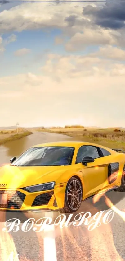 Yellow sports car on scenic road wallpaper with clouds.