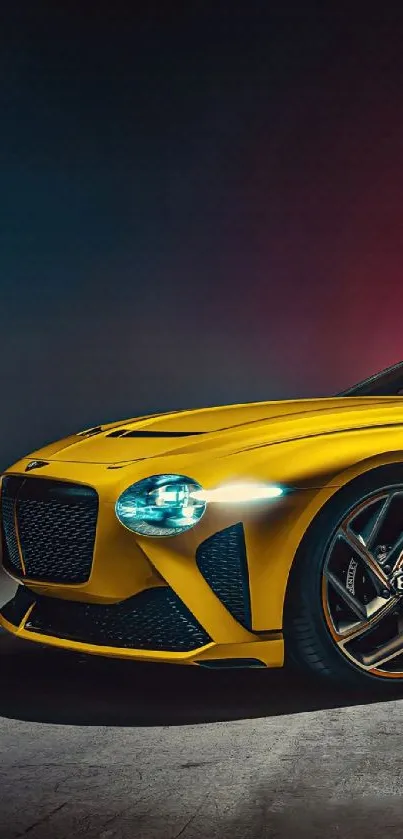 Sleek yellow sports car on a dark background.