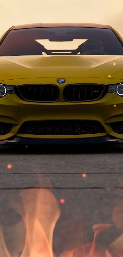 Front view of a sleek yellow sports car on the road.