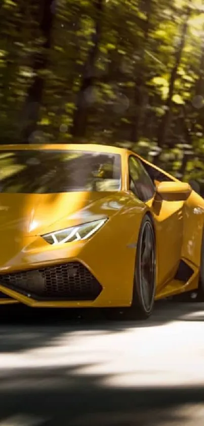 Yellow sports car speeding through a forested road, vibrant and dynamic.