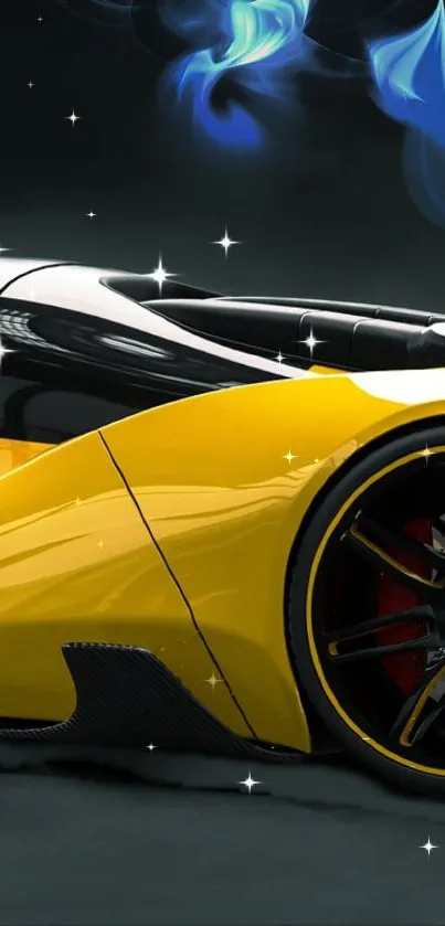 Sleek yellow sports car with futuristic design and blue accents on a black background.