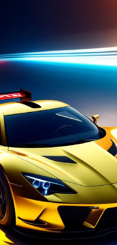 Vibrant yellow sports car with motion blur and glowing headlights.