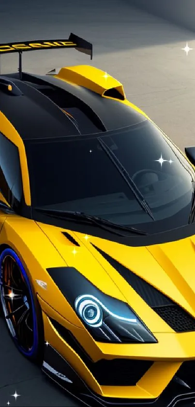 Sleek yellow sports car with futuristic design parked indoors.