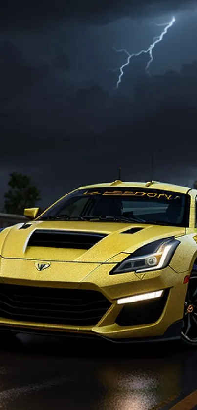 Yellow sports car under a stormy night sky with lightning.