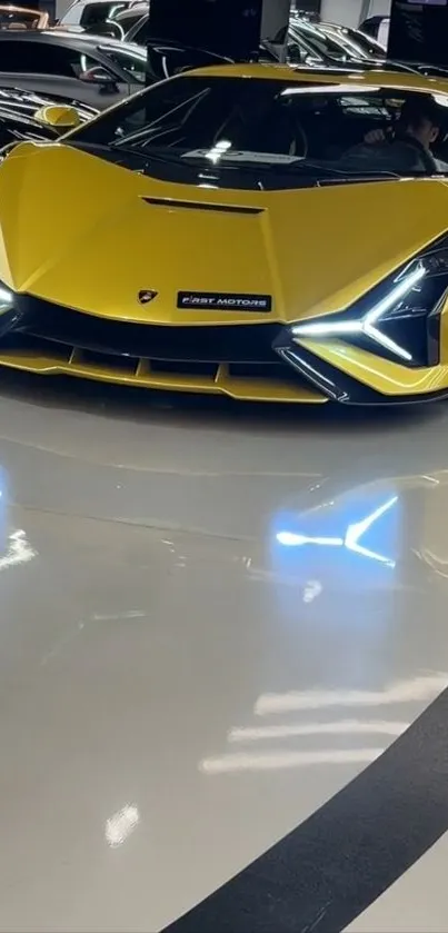 Yellow sports car with sleek design and bright headlights on display.