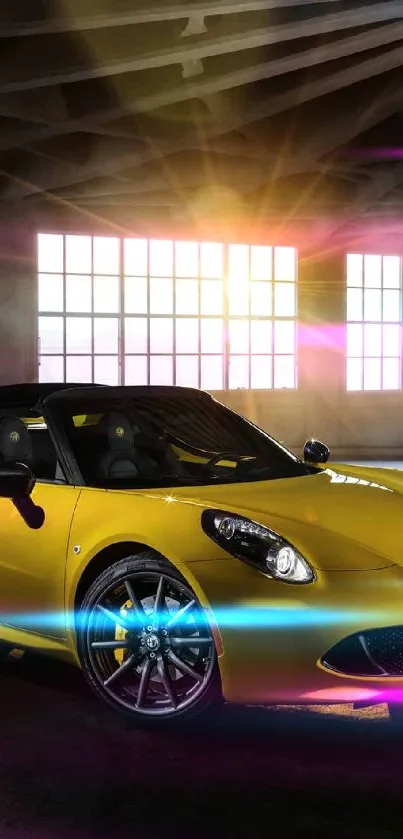 Yellow sports car in an urban setting, sunlight streaming through windows.