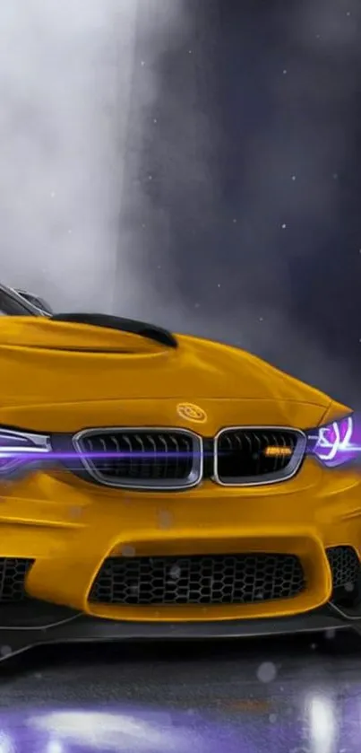 Yellow sports car with neon purple lights.