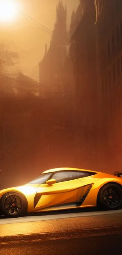 Yellow sports car on a city street at sunset.