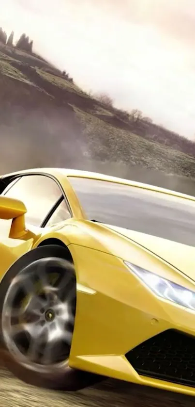 Sleek yellow sports car driving through scenic hills.