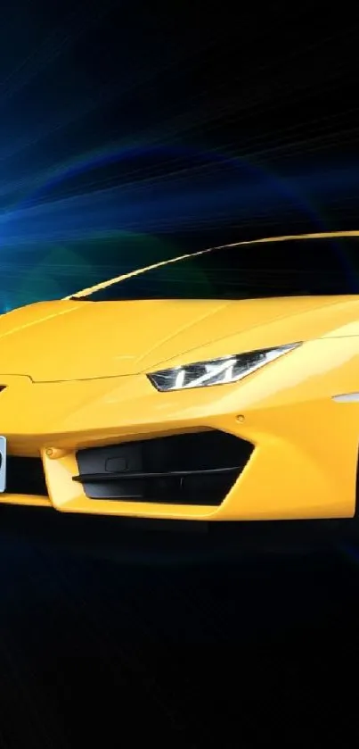 Yellow sports car shines on black starry background.