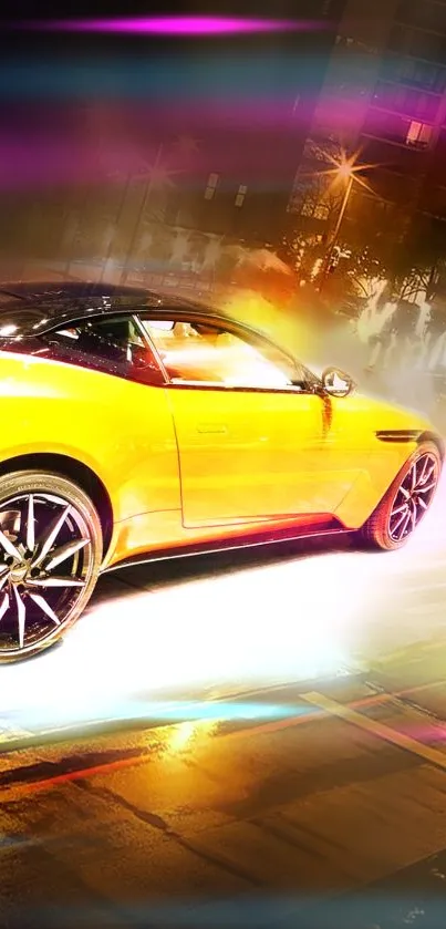 Yellow sports car speeding through city lights in dynamic urban scene.