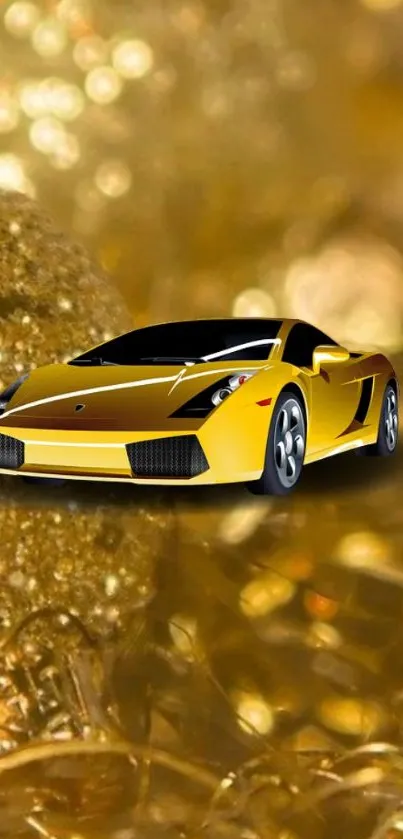 Vibrant yellow sports car on gold background.