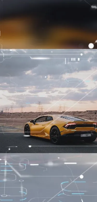 Yellow sports car on open road with digital elements.