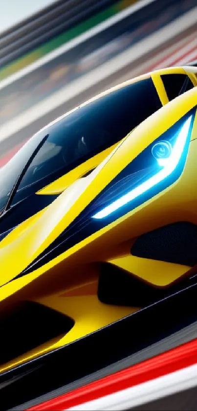 Vibrant yellow sports car racing on track in dynamic motion.