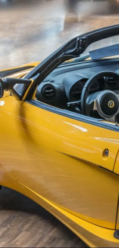 Yellow sports car interior view with sleek design.