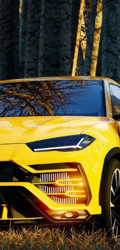 Yellow sports SUV parked in a forest setting.