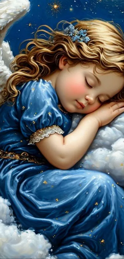 Sleeping angel on clouds with blue dress and golden hair.