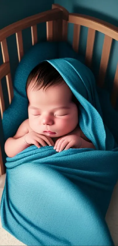 A sleeping baby wrapped in a soft blue blanket in a wooden crib.