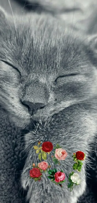 Sleeping gray cat with colorful flower designs on its paw.