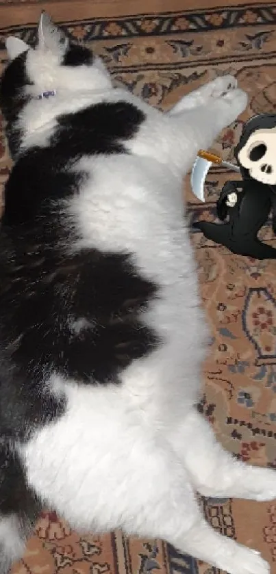 Fluffy cat asleep on patterned carpet with a small toy.