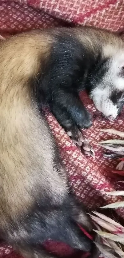 Sleeping ferret on a red blanket with a cozy texture