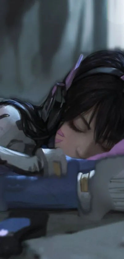 Animated character sleeping with headphones in serene art.