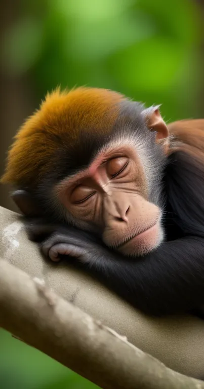 Adorable sleeping monkey on tree with green background wallpaper.