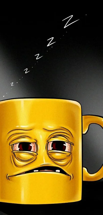 Funny cartoon mug with sleepy expression, ideal for coffee themed mobile wallpaper.