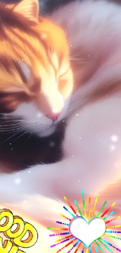 Adorable sleeping cat on a phone wallpaper with warm orange hues.