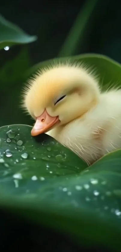 A tiny duckling peacefully sleeps on a dewy green leaf.