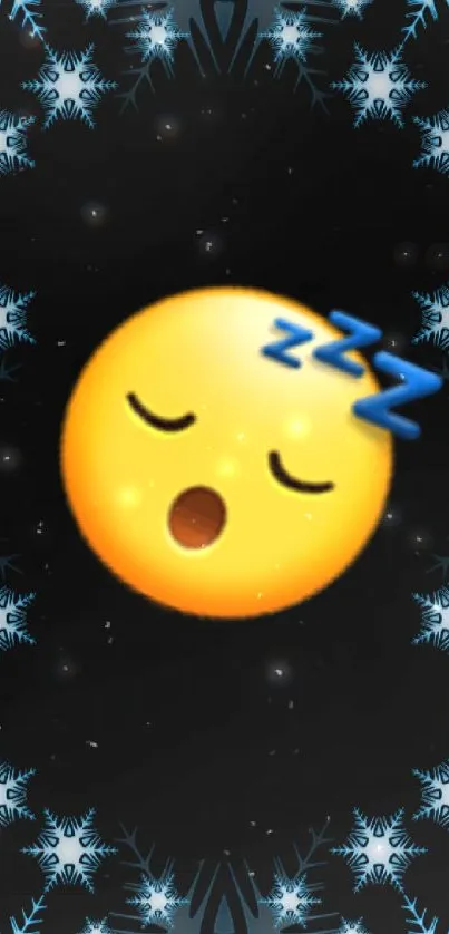 Sleepy emoji on dark snowflake wallpaper with black and blue tones.