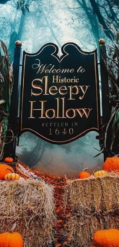 Historic Sleepy Hollow sign with pumpkins and hay in autumn setting.