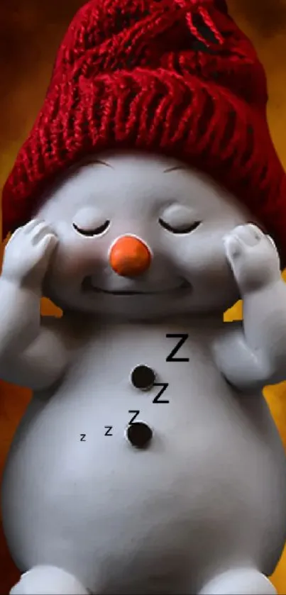 Cute sleepy snowman wearing a red hat against a brown background.