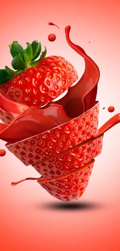 Sliced strawberry with splash effect on red background.