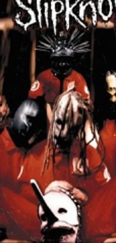 Slipknot band with masks on red-themed wallpaper.