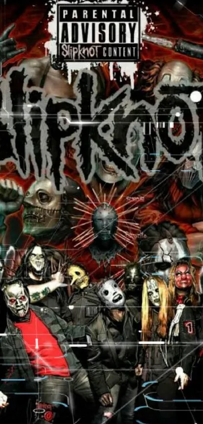 Slipknot band wallpaper with masks and intense design.