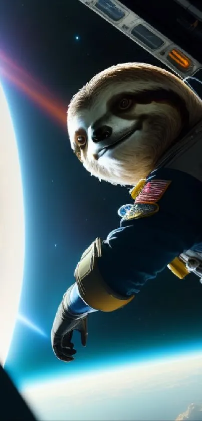 Sloth in a space suit floating in orbit with Earth in the background.