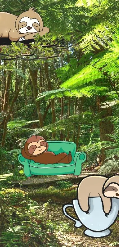 Cartoon sloths relaxing in a lush forest setting.