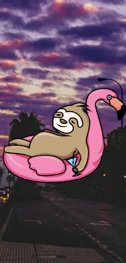 Relaxed sloth on pink flamingo with purple sunset backdrop.