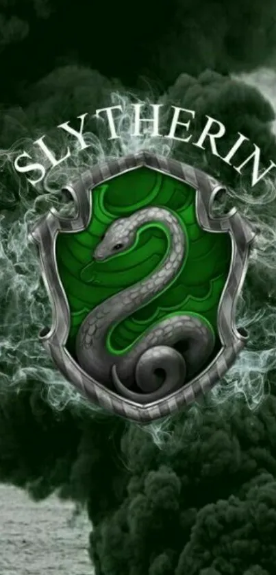 Slytherin crest with green snake on a dark smoky background.