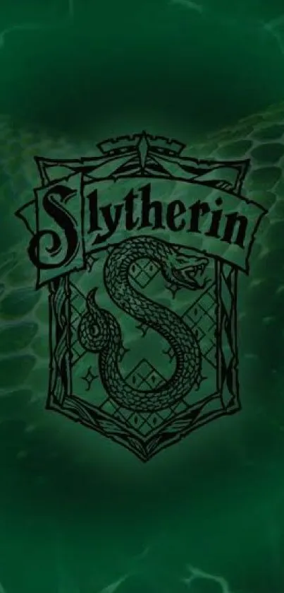 Dark green wallpaper with Slytherin crest and snake design.