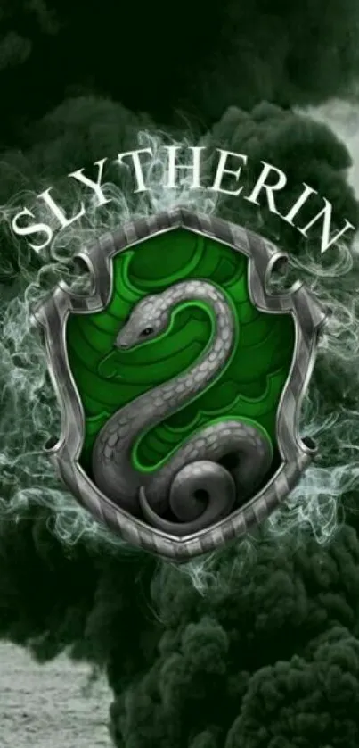 Slytherin emblem on dark green smoky background.