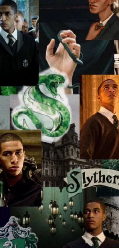 Slytherin collage wallpaper with green serpent theme.