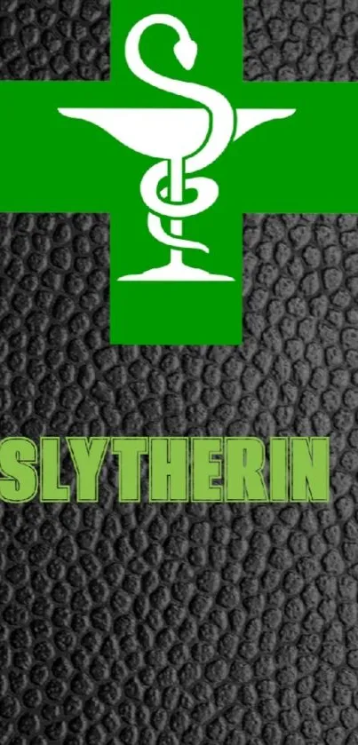 Slytherin themed wallpaper with green logo and black texture.