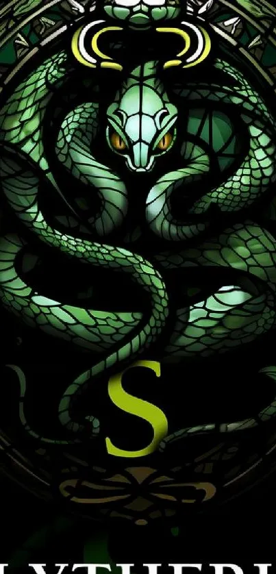 Slytherin themed stained glass art featuring a serpent.