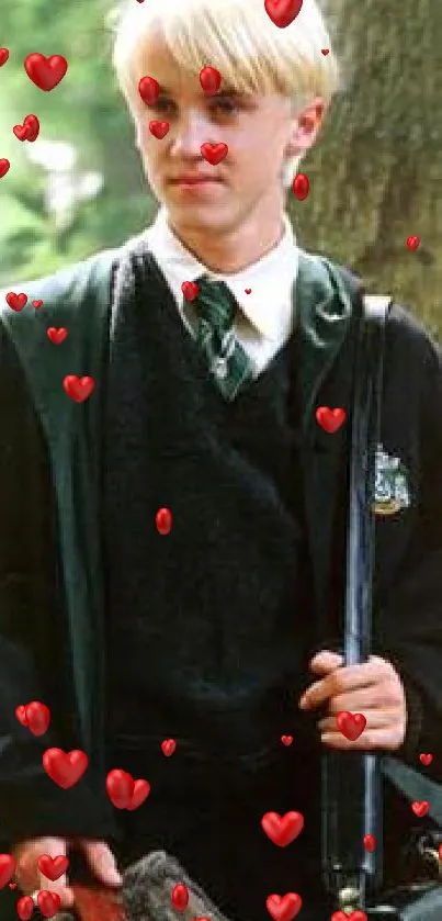 Slytherin student standing in a lush, green forest wearing school robes.