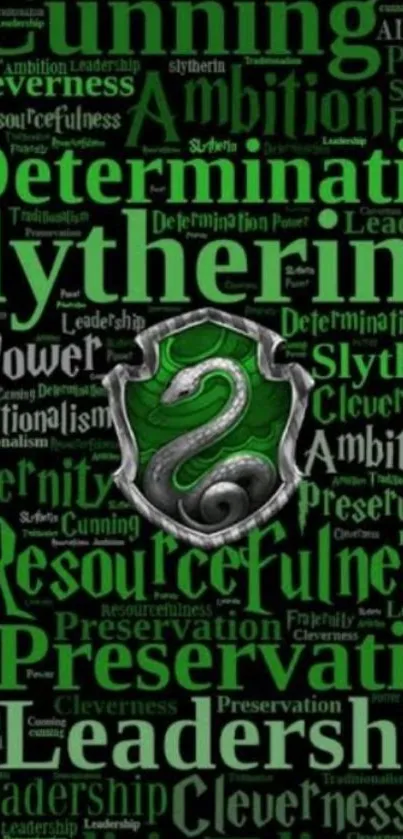 Slytherin themed wallpaper with emblem and words in green hues.