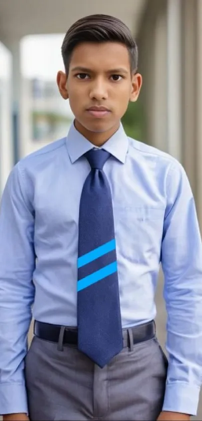 Person in a blue shirt and tie, standing indoors.